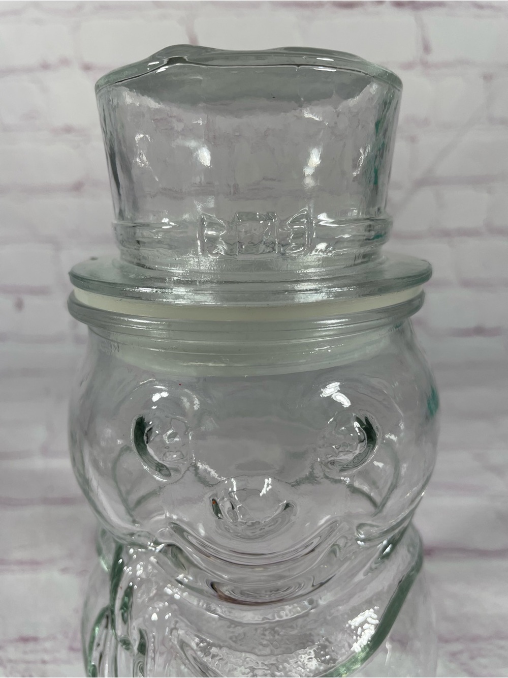 Vintage Libbey of Canada Clear Glass Snowman with Top Hat Lidded Jar Container - Picture 2 of 10
